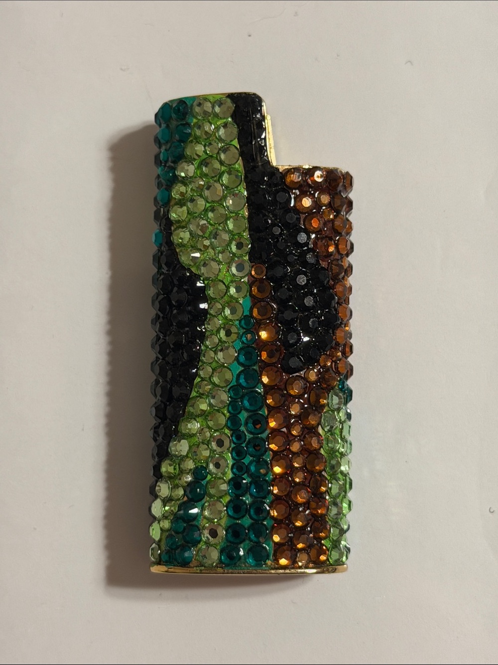 Embellished Crystal-Covered Lighter Cover in Green, Teal & Amber. NWOT